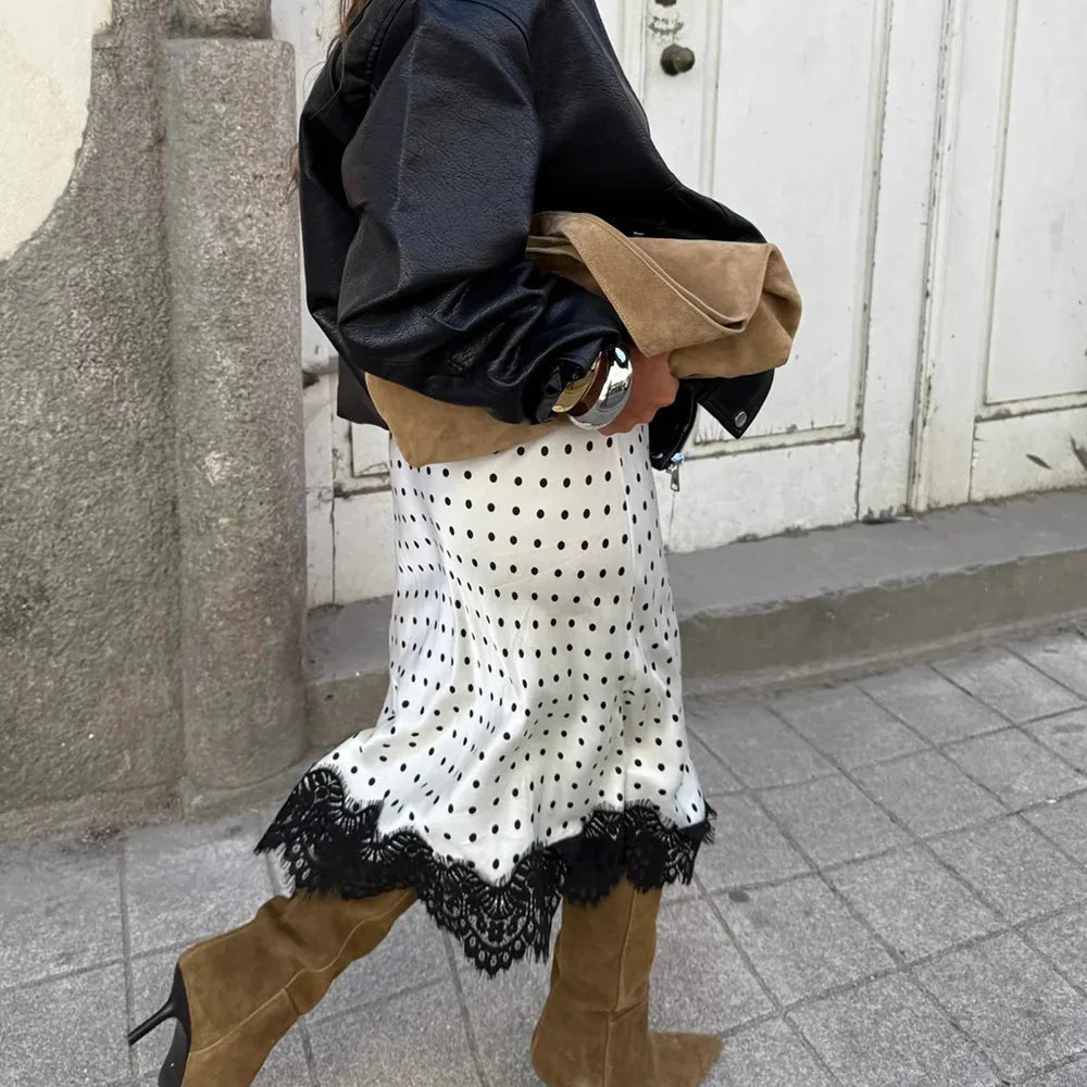 Gonna midi Rosemary a pois con bordo in pizzo