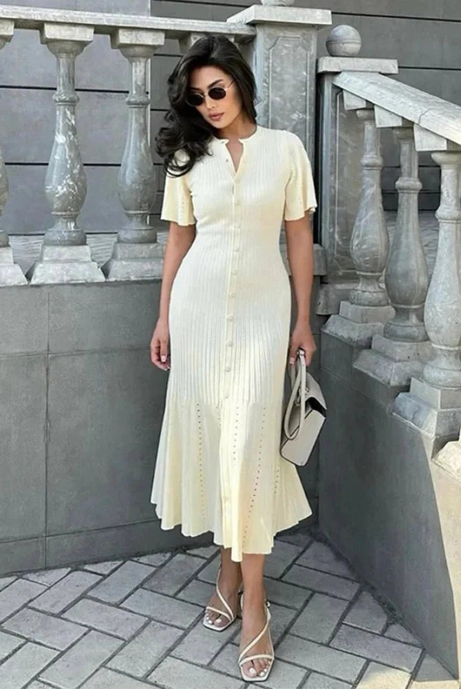 ZEYA - Azure Bell Sleeve Pleated Knit Midi Dress