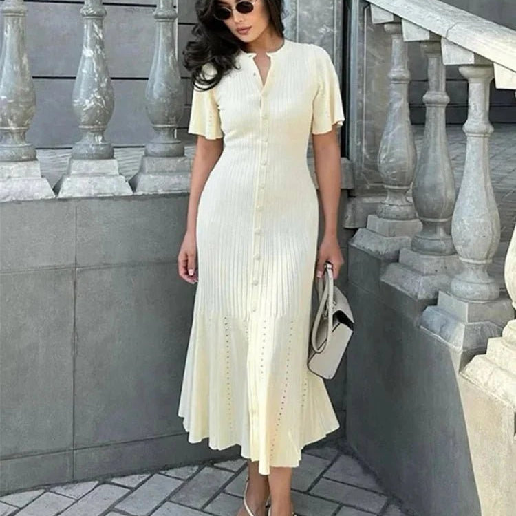 ZEYA - Azure Bell Sleeve Pleated Knit Midi Dress