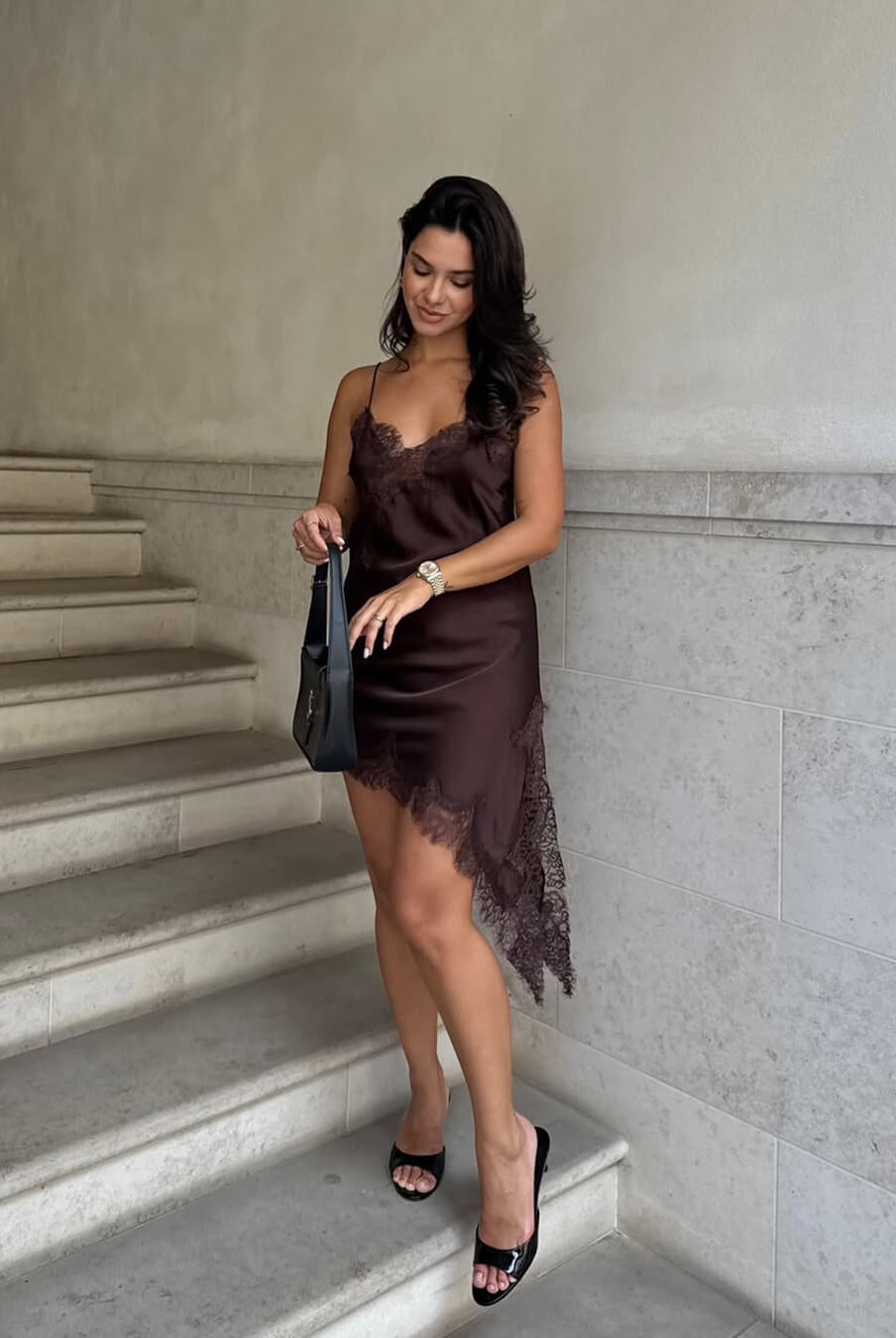 ZEYA - Chiara Asymmetric Satin Lace Midi Dress