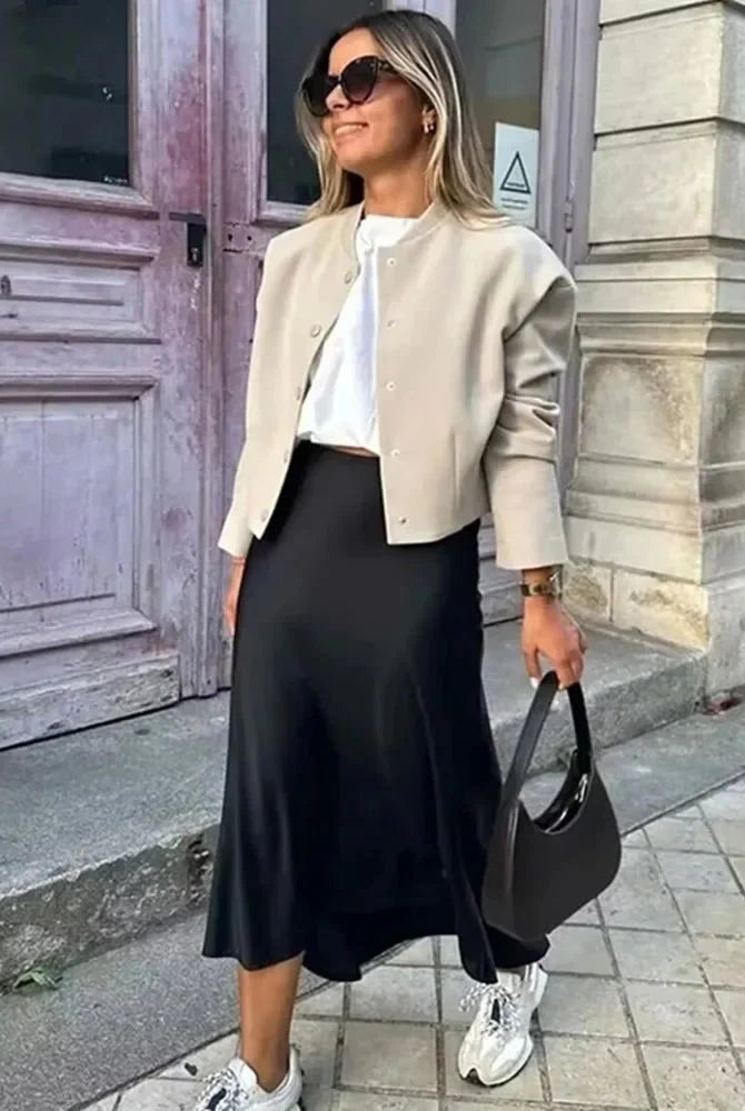 ZEYA - Hilde High Waist Black Satin Midi Skirt