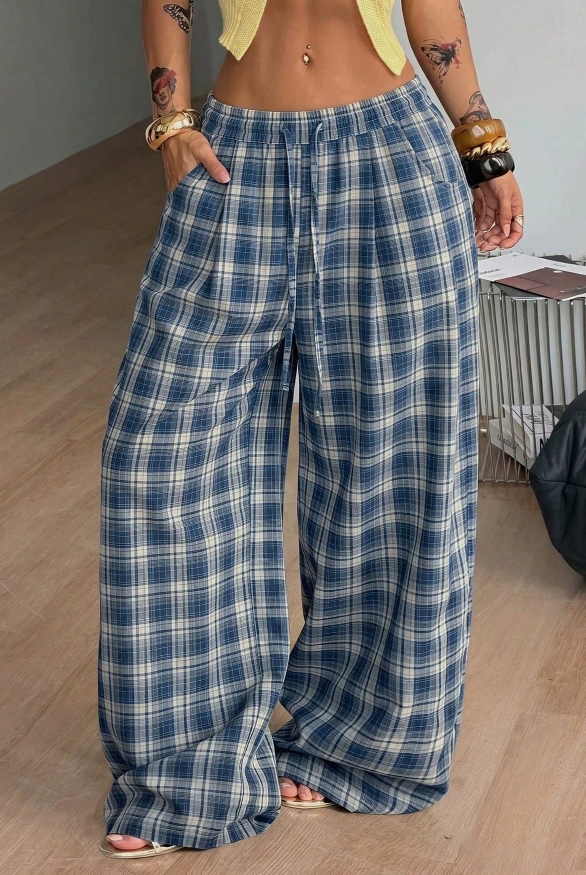 ZEYA - Jessica Plaid Wide Leg Drawstring Pants