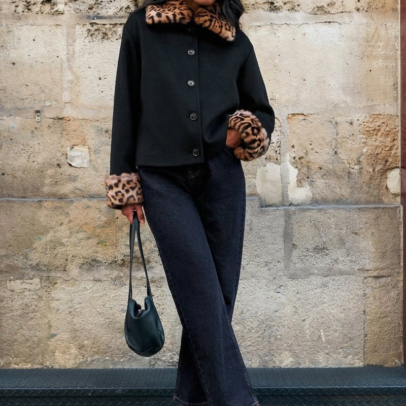ZEYA - Lily Leopard Faux Fur Trim Button-Up Jacket