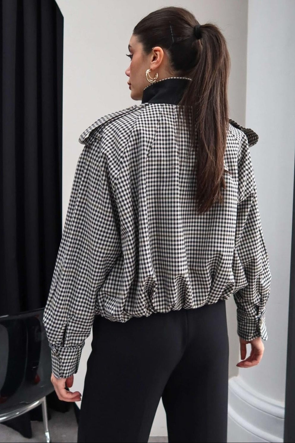 ZEYA - Lisa High Neck Checked Bomber Jacket