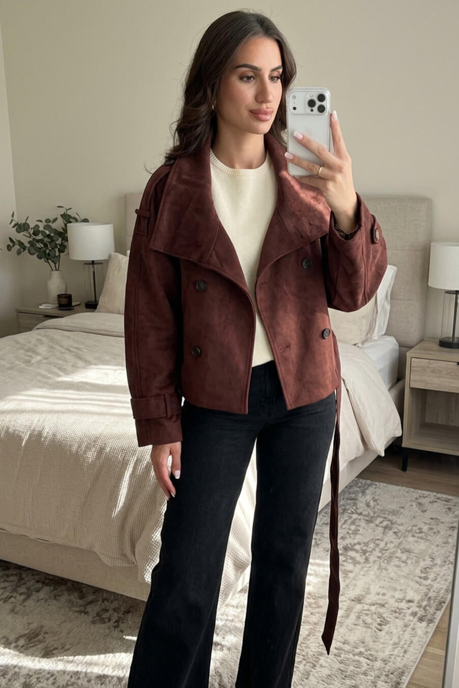 ZEYA - Nicole Funnel Neck Faux Suede Belted Jacket
