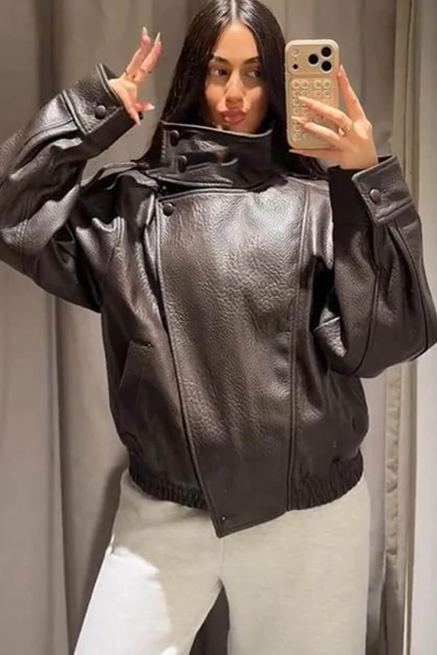 ZEYA - Nikka Faux Leather Stand Collar Jacket