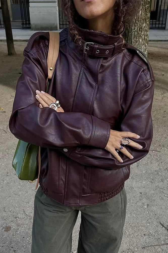 ZEYA - Ophelia Stand Collar Leather Jacket