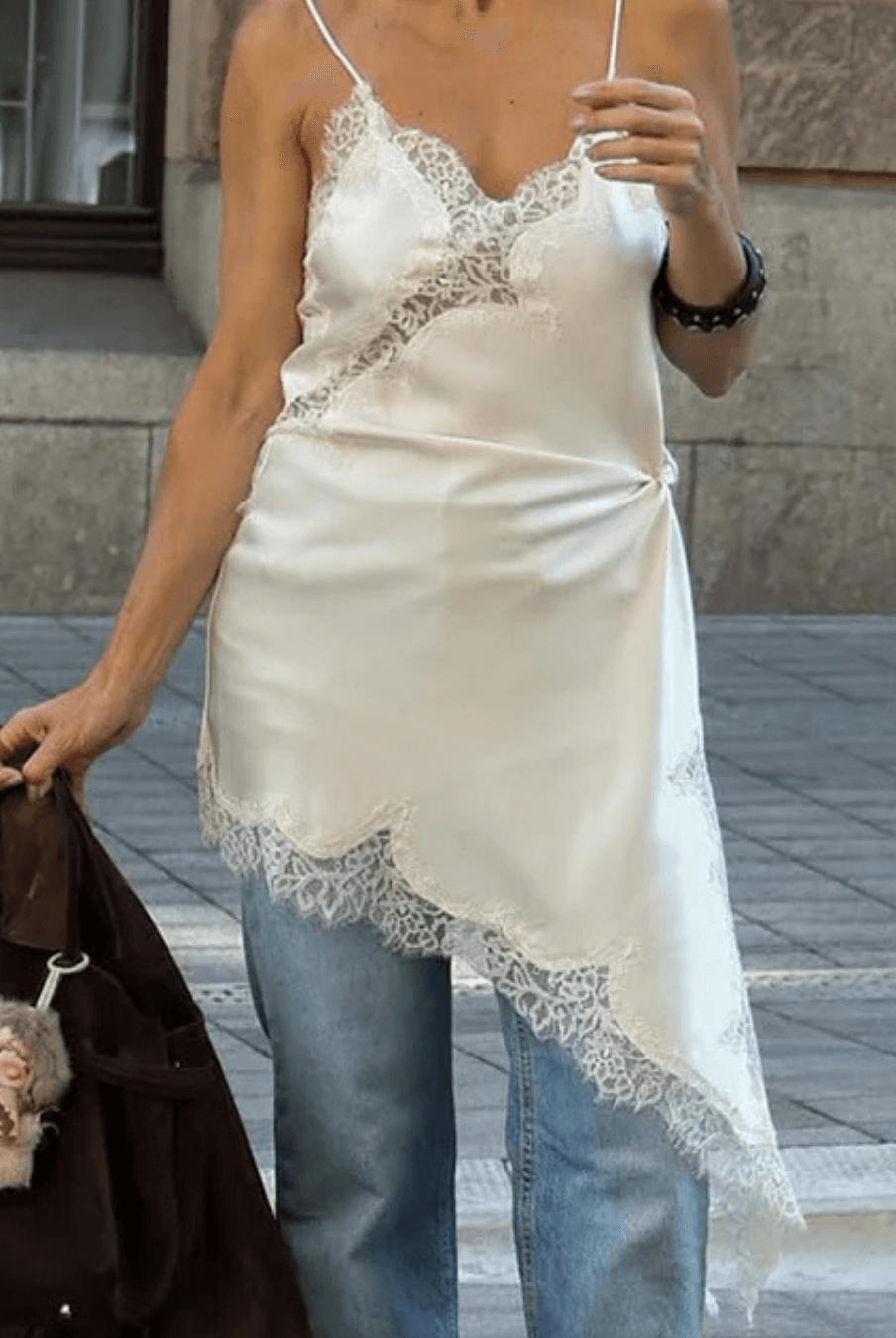 ZEYA - Sophia Asymmetric Satin Lace Midi Dress