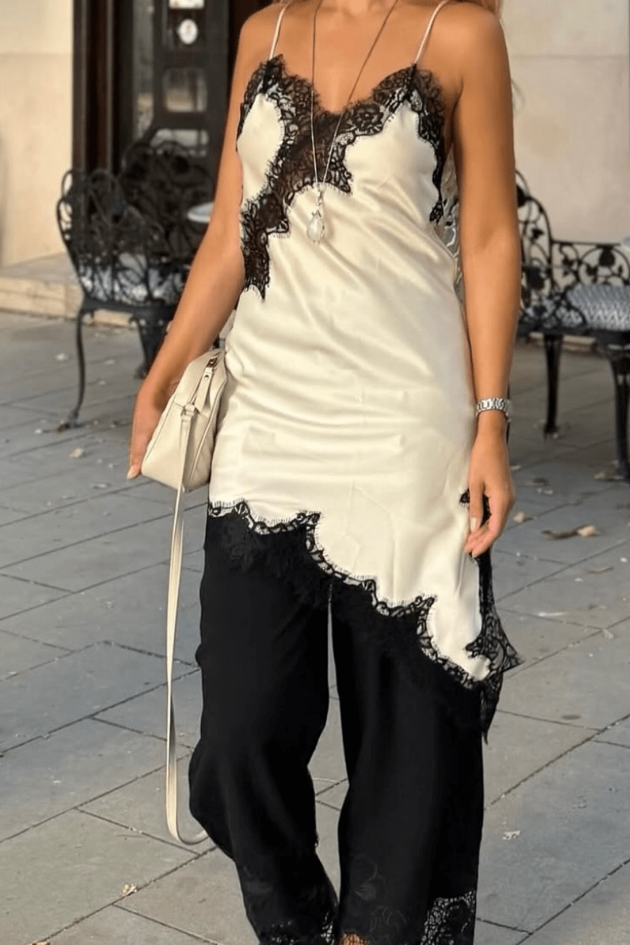 ZEYA - Sophia Asymmetric Satin Lace Midi Dress
