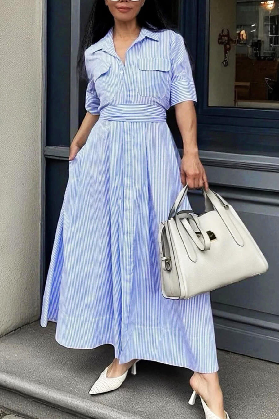 ZEYA - Winona Striped Lace-Up Collar Maxi Dress