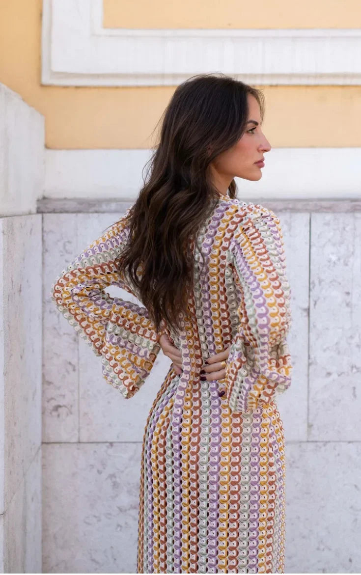 Sophia abito maxi a righe in crochet con maniche a campana