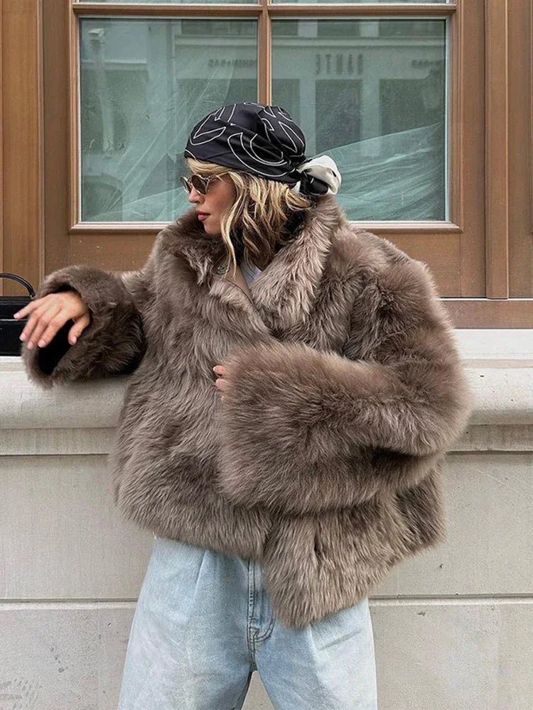 Thalia Brown Faux Fur Coat Women - Stylish Winter Snap Button Jacket with Chic Lapel and Long Sleeves 0
