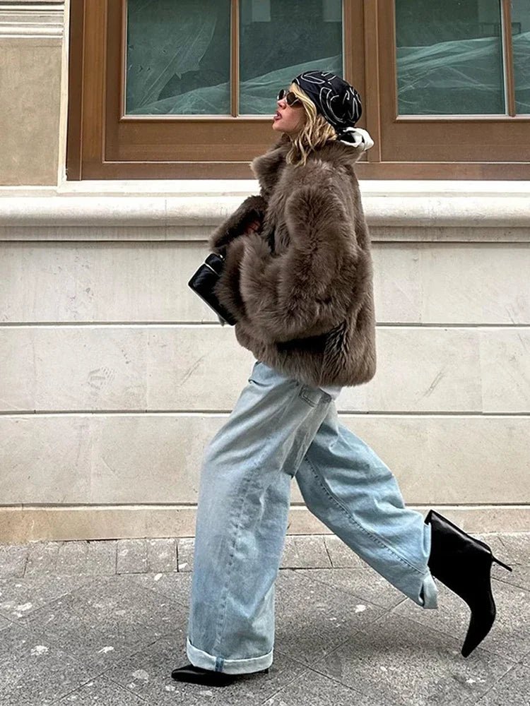Thalia Brown Faux Fur Coat Women - Stylish Winter Snap Button Jacket with Chic Lapel and Long Sleeves 1