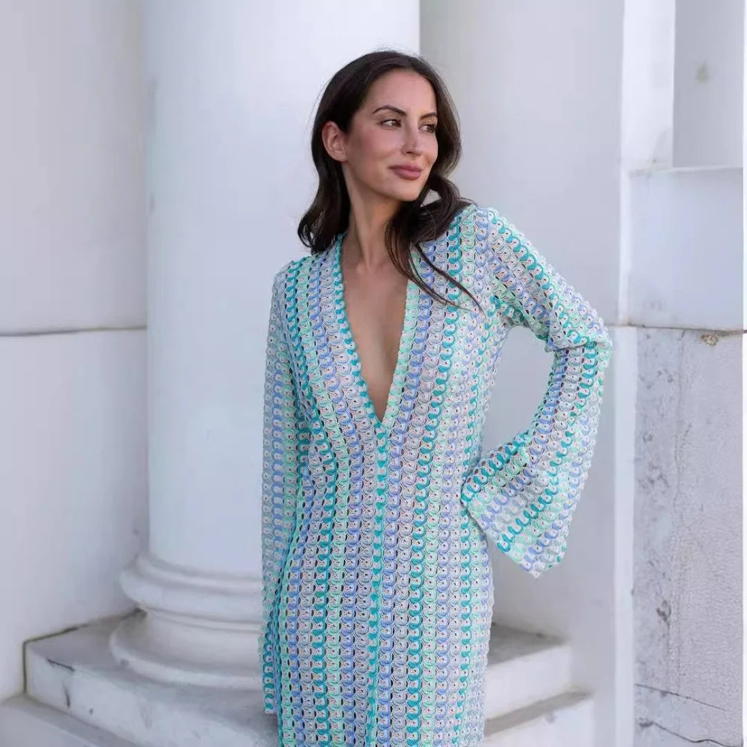 Sophia abito maxi a righe in crochet con maniche a campana