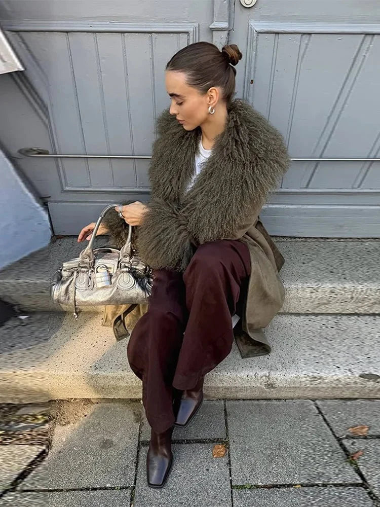 Cappotto Naomi Patchwork con colletto in eco-pelliccia