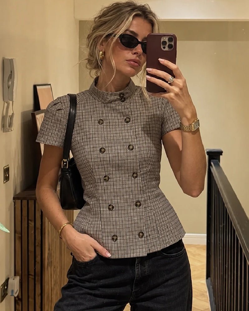 Blusa aderente a collo alto a quadri Lola