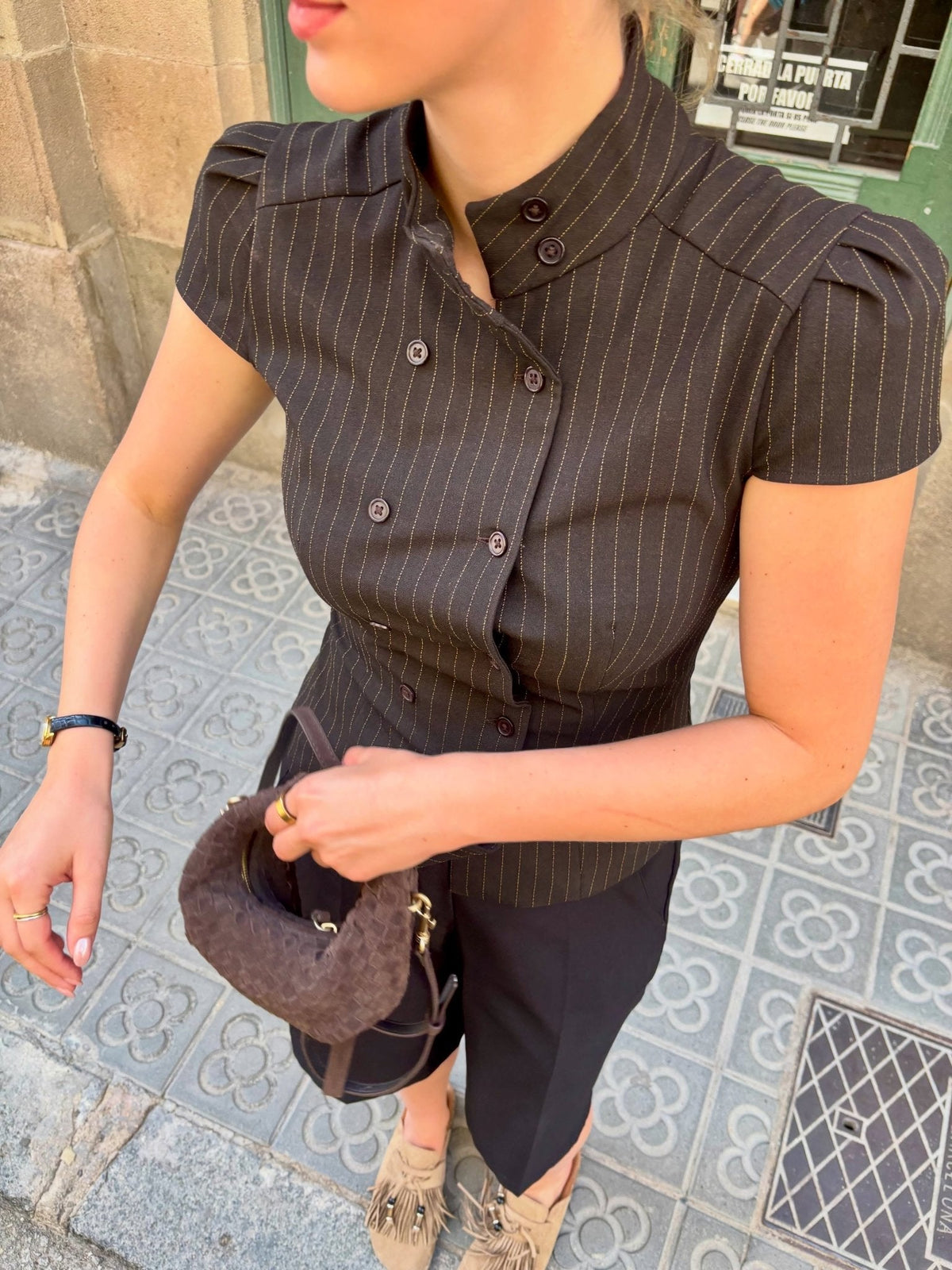 Blusa aderente a collo alto a quadri Lola