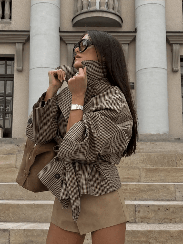 Trench Fiona a quadri con collo alto