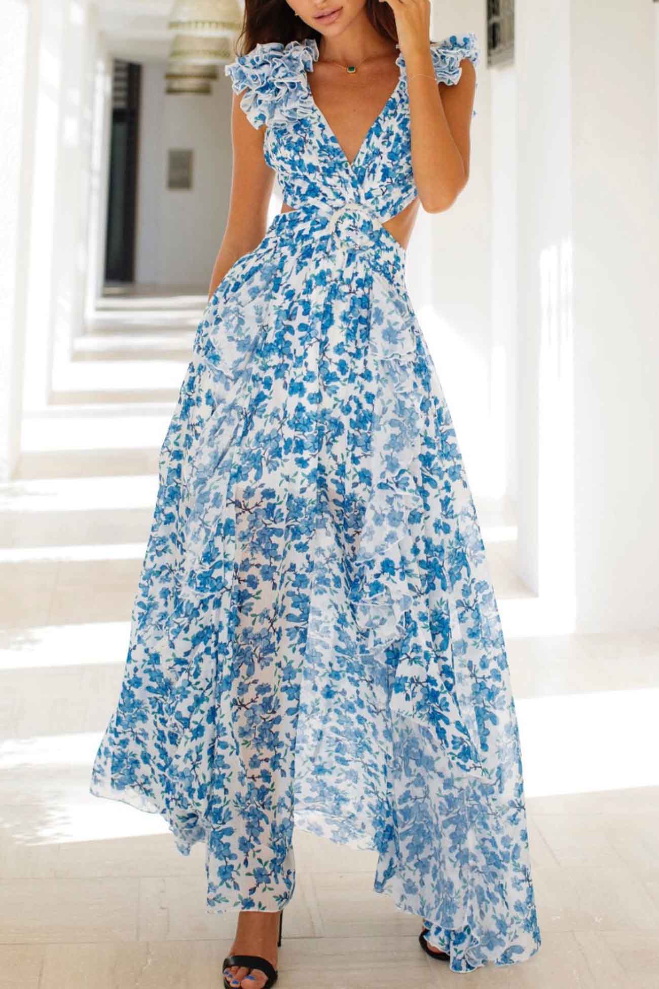 Abito maxi Katya a fiori con maniche a balze