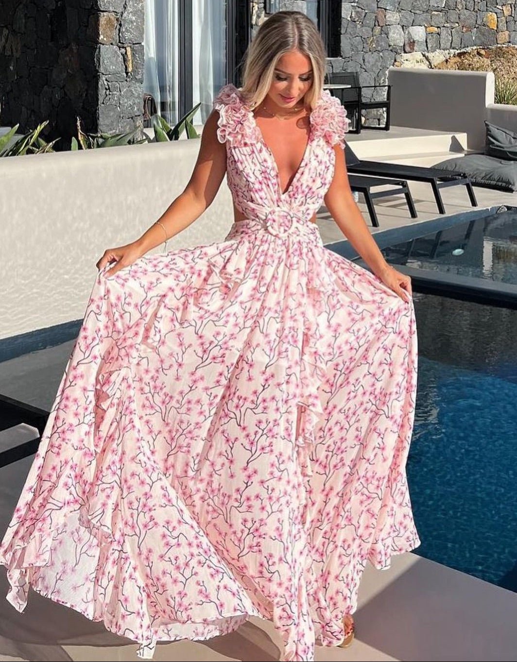 Abito maxi Katya a fiori con maniche a balze