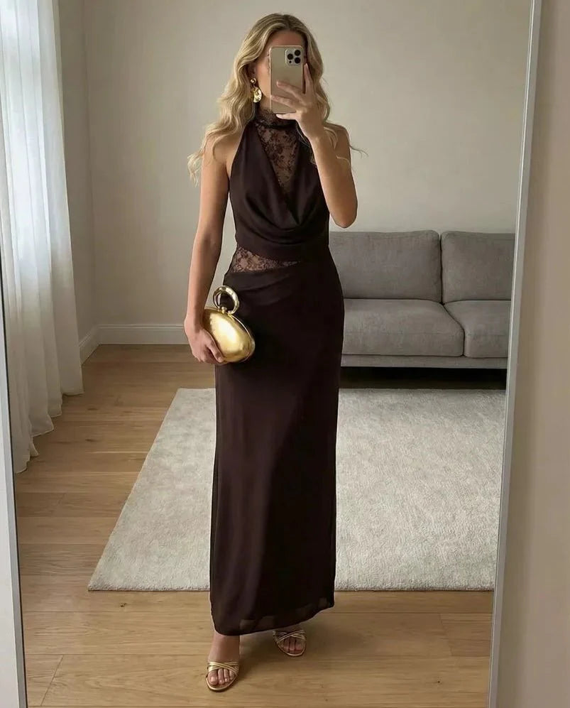 Abito maxi Sienna in pizzo con scollo halter