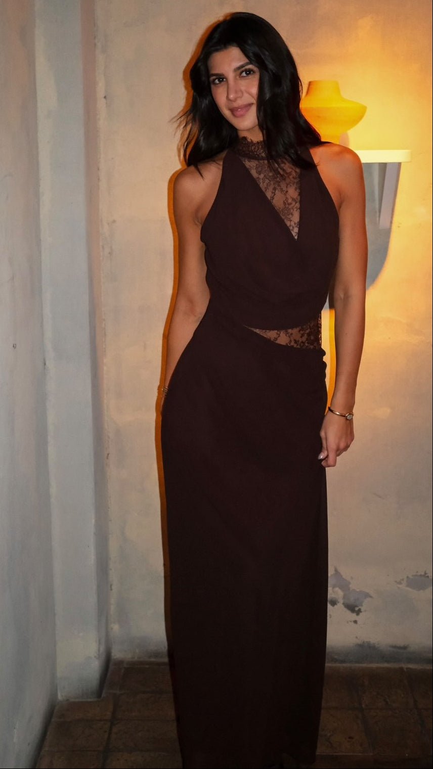 Abito maxi Sienna in pizzo con scollo halter
