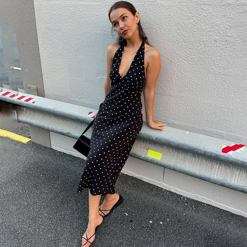 Abito midi a pois con scollo all’americana Zoe