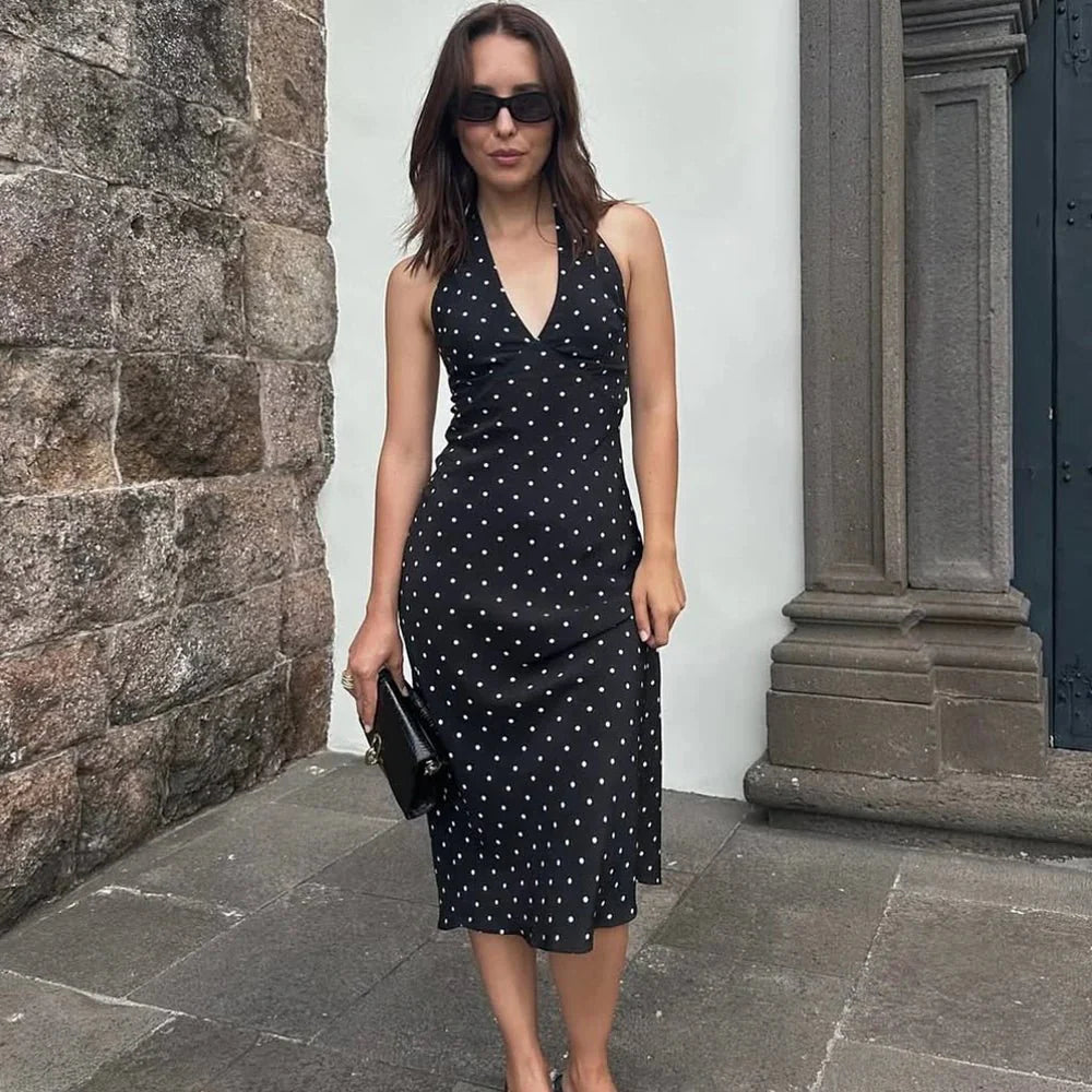 Abito midi a pois con scollo all’americana Zoe