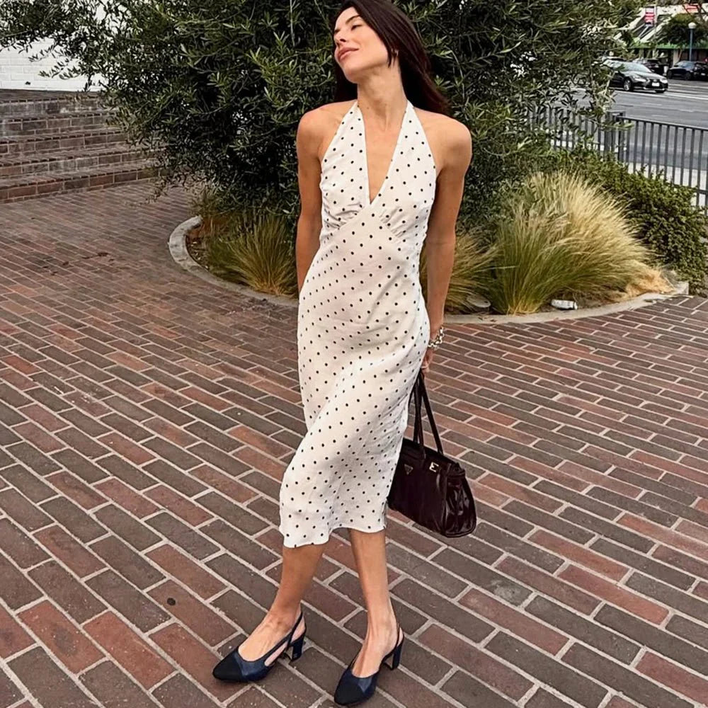 Abito midi a pois con scollo all’americana Zoe