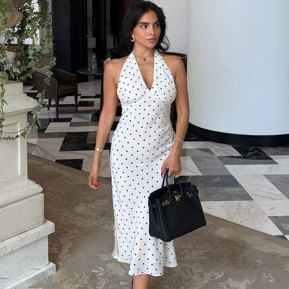Abito midi a pois con scollo all’americana Zoe
