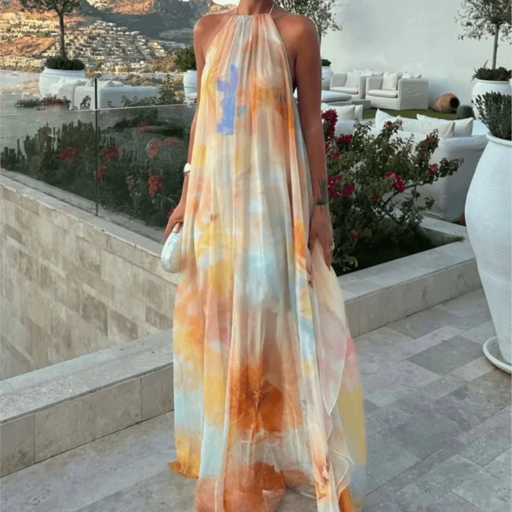 Abito maxi Megan con collo halter e lacci