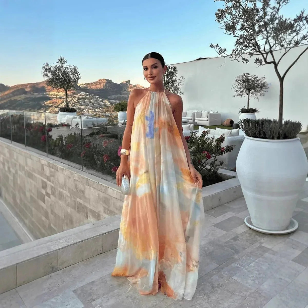 Abito maxi Megan con collo halter e lacci