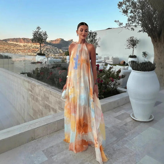 Abito maxi Megan con collo halter e lacci