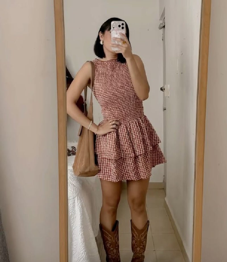 Abito mini a quadri Linda con corpetto arricciato