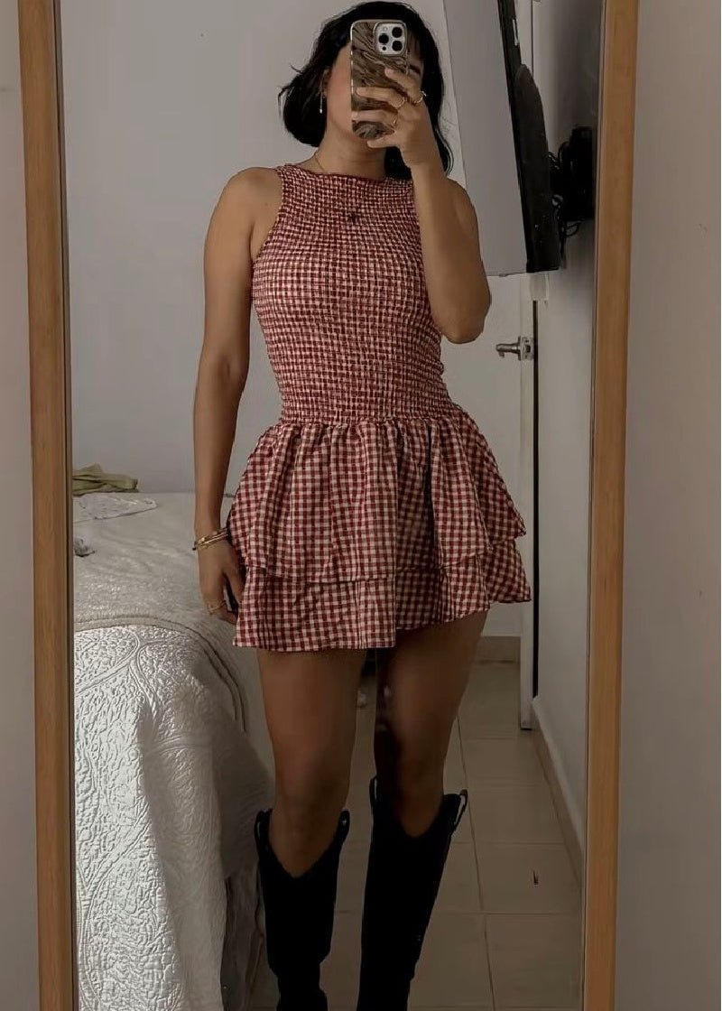 Abito mini a quadri Linda con corpetto arricciato