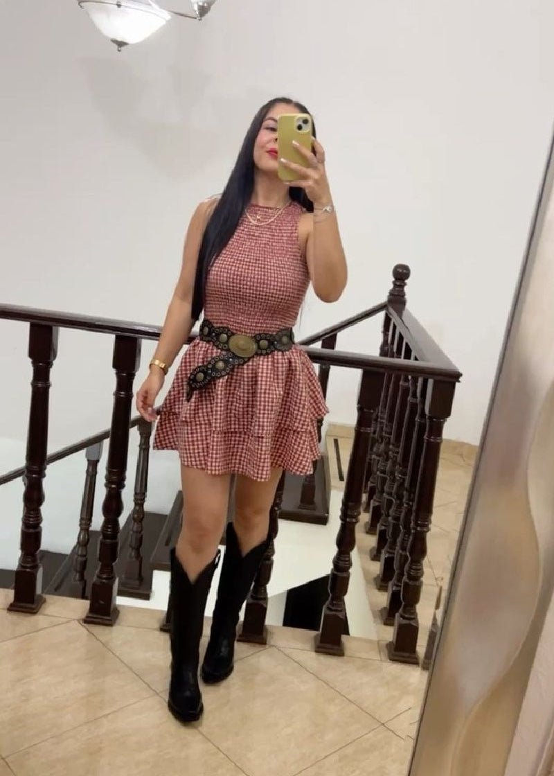 Abito mini a quadri Linda con corpetto arricciato