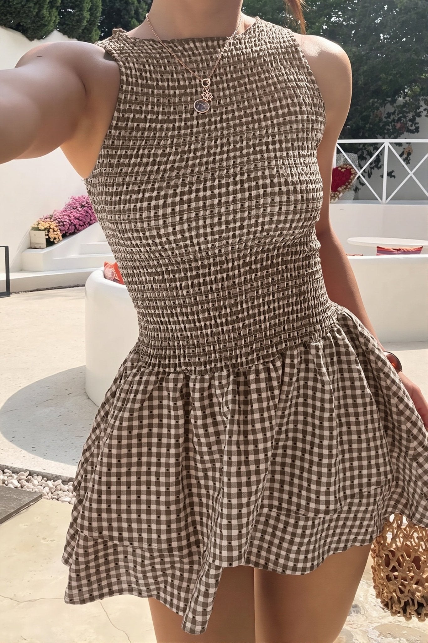 Abito mini a quadri Linda con corpetto arricciato