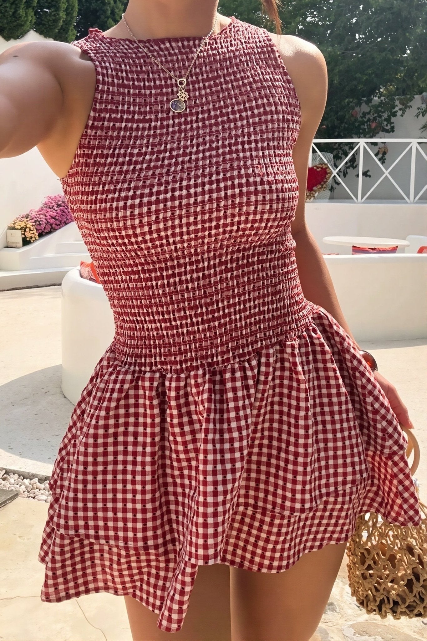 Abito mini a quadri Linda con corpetto arricciato