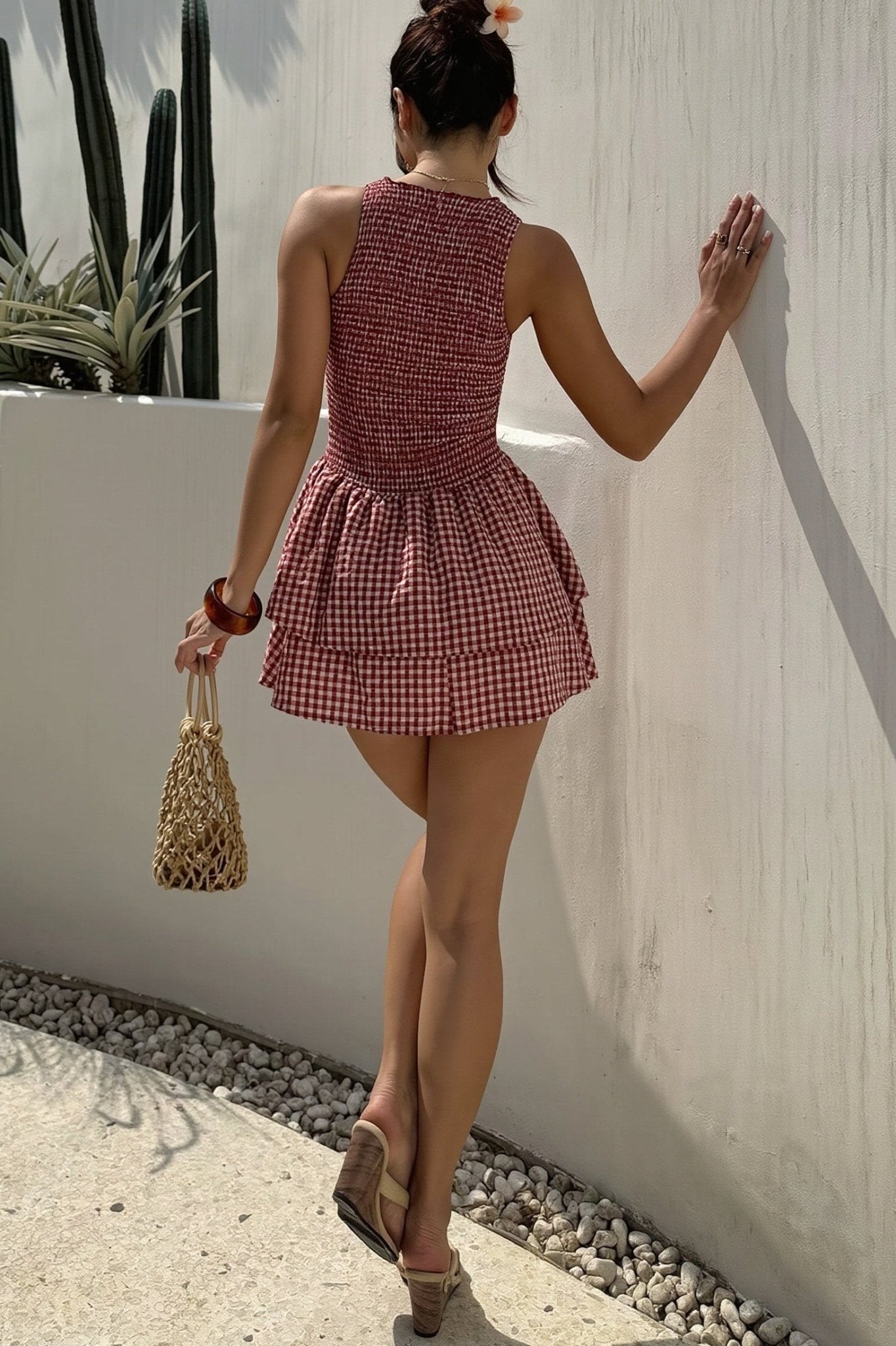 Abito mini a quadri Linda con corpetto arricciato