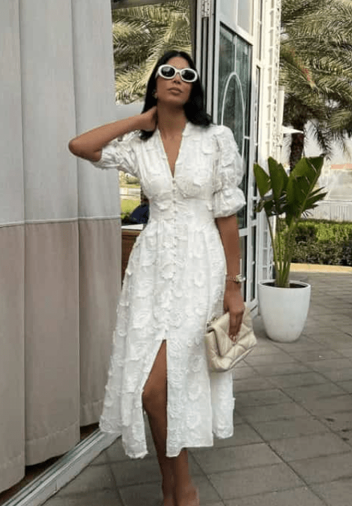 Abito Midi Teresa in Pizzo Ricamato con Scollo a V
