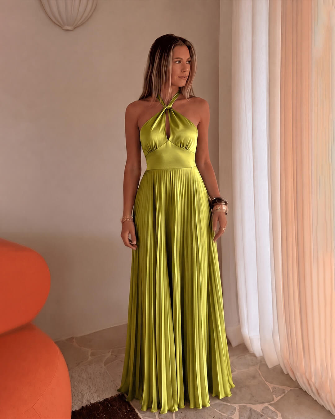 Melissa.abito.halter.plissettato.maxi