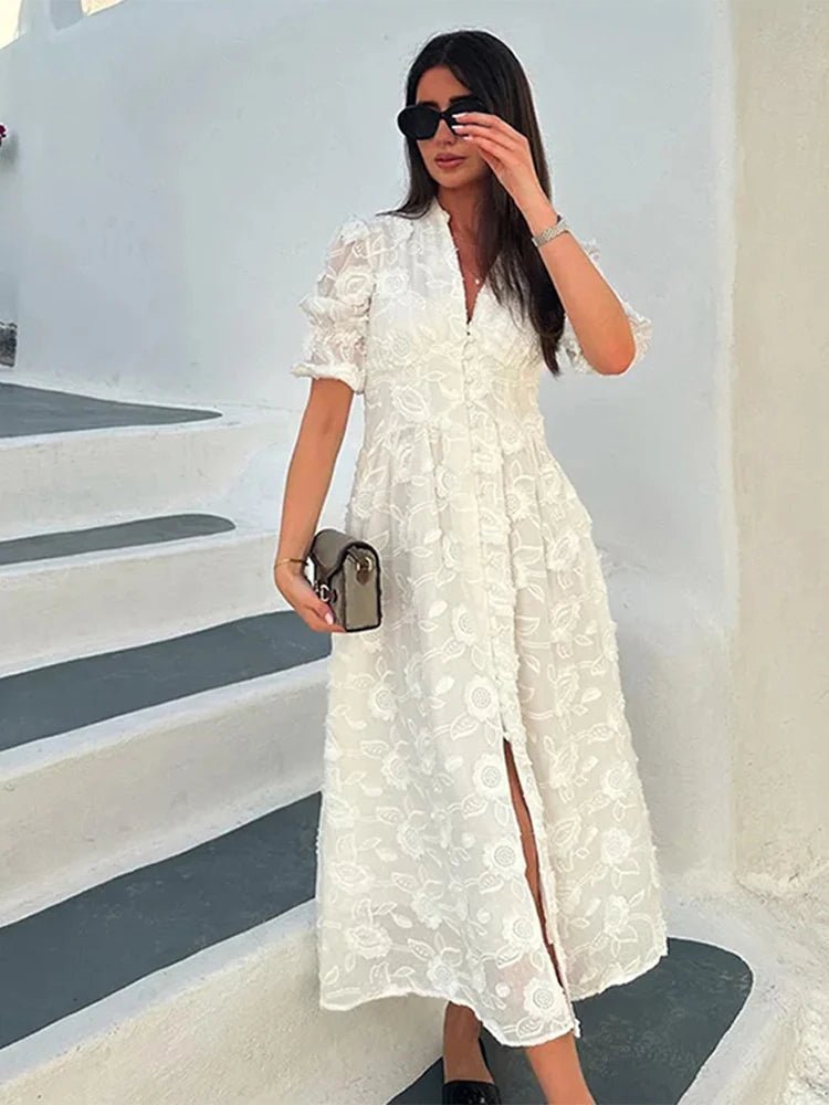 Abito Midi Teresa in Pizzo Ricamato con Scollo a V