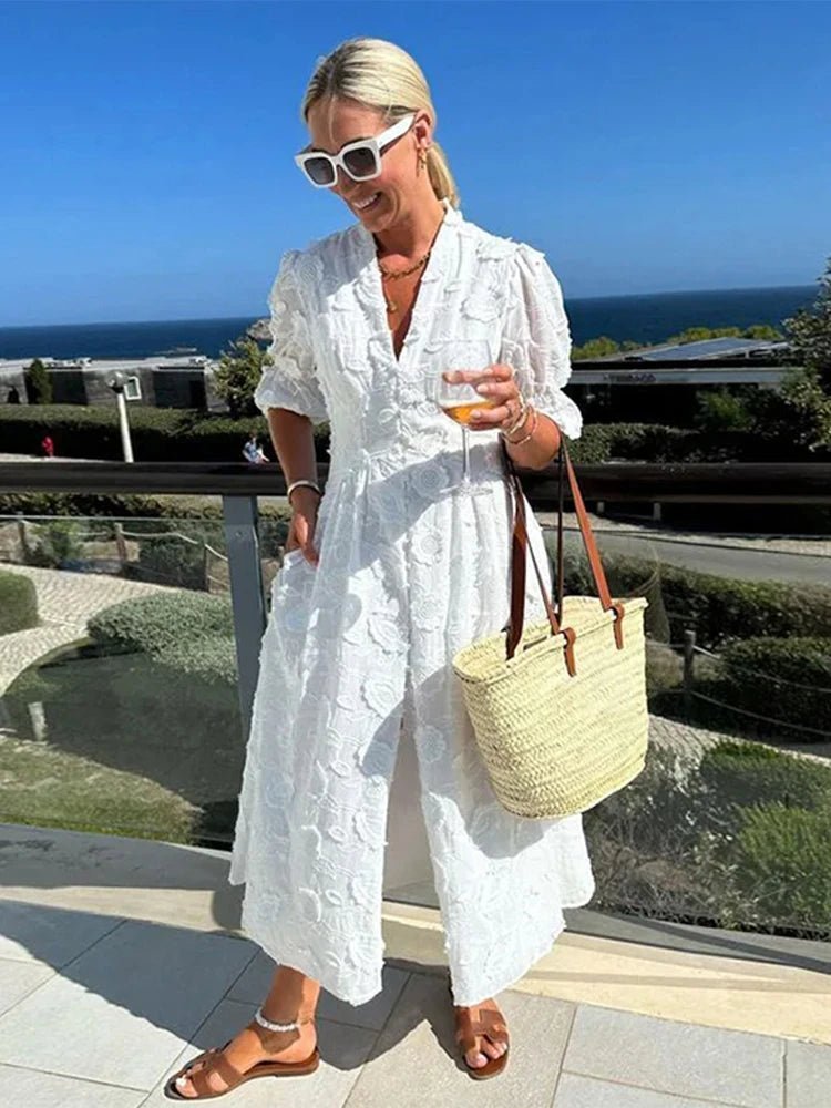 Abito Midi Teresa in Pizzo Ricamato con Scollo a V