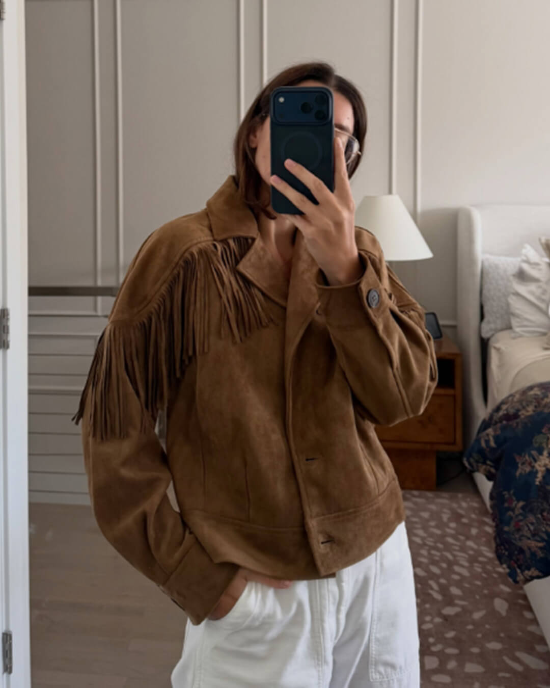 Giacca western Julie in finta pelle scamosciata con frange