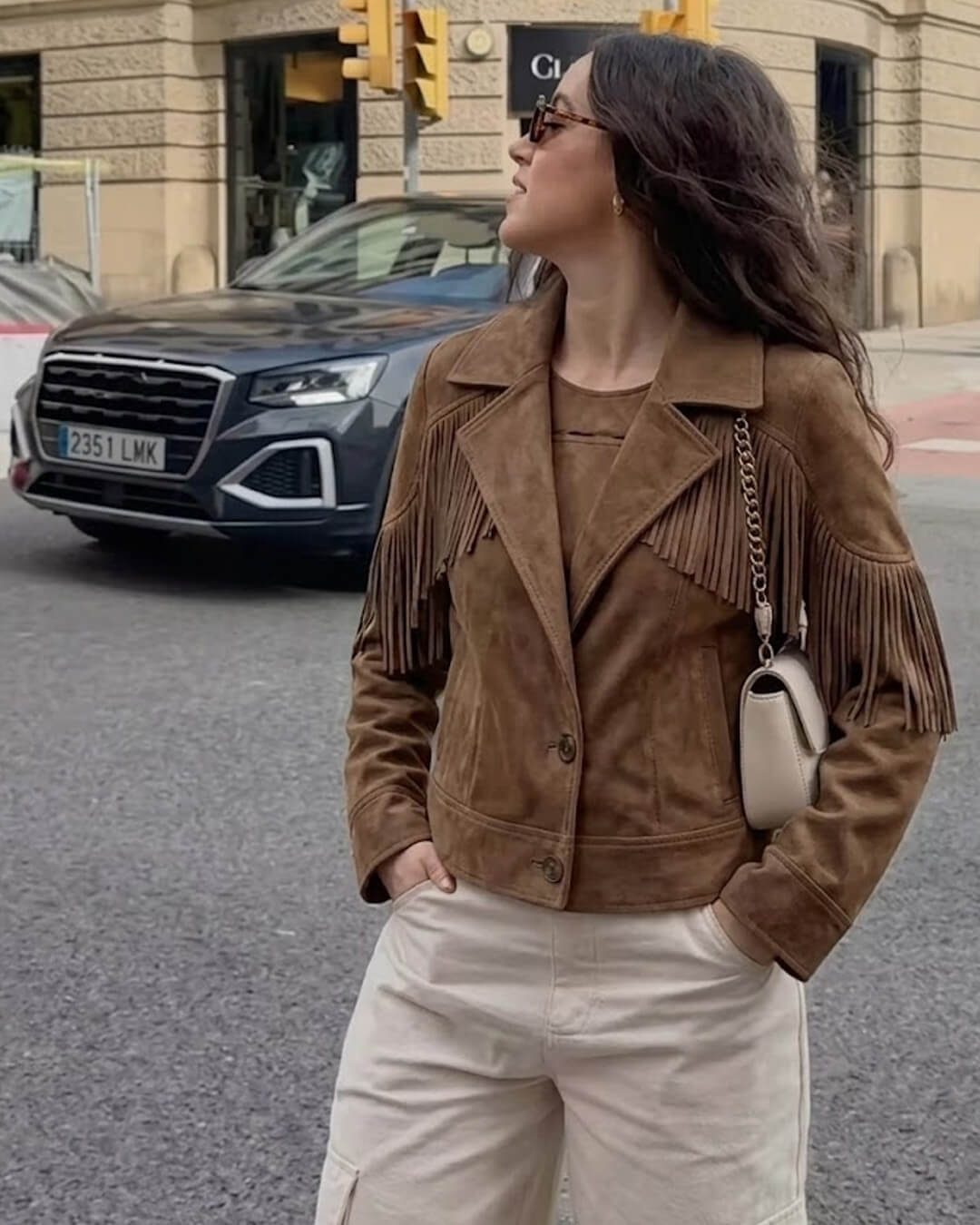 Giacca western Julie in finta pelle scamosciata con frange