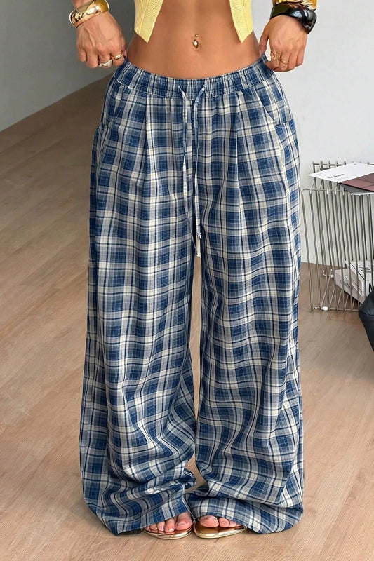 Pantaloni Jessica a quadri a gamba larga con coulisse