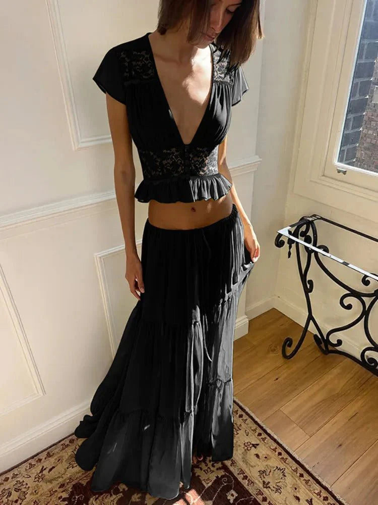 Completo Nella: top e gonna in pizzo e chiffon