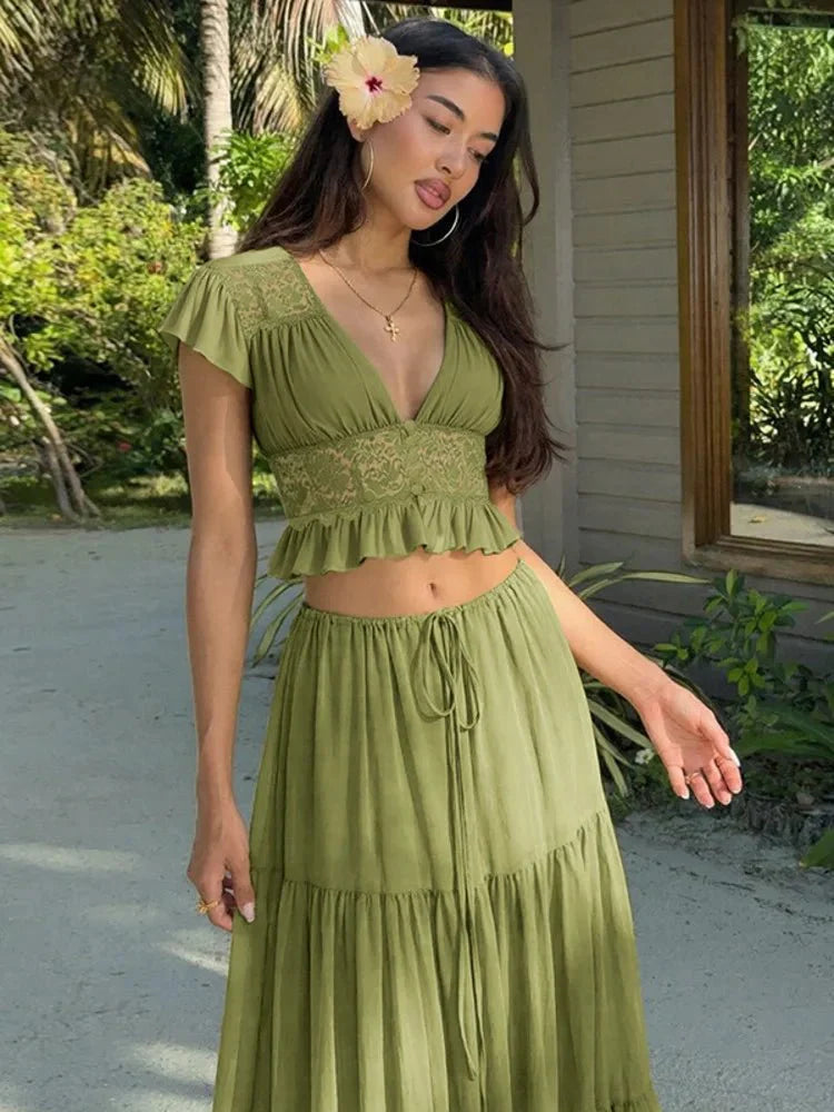 Completo Nella: top e gonna in pizzo e chiffon