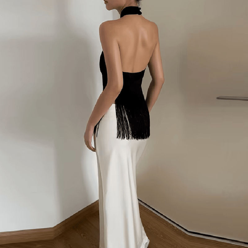 Top halter Gina in satin con frange