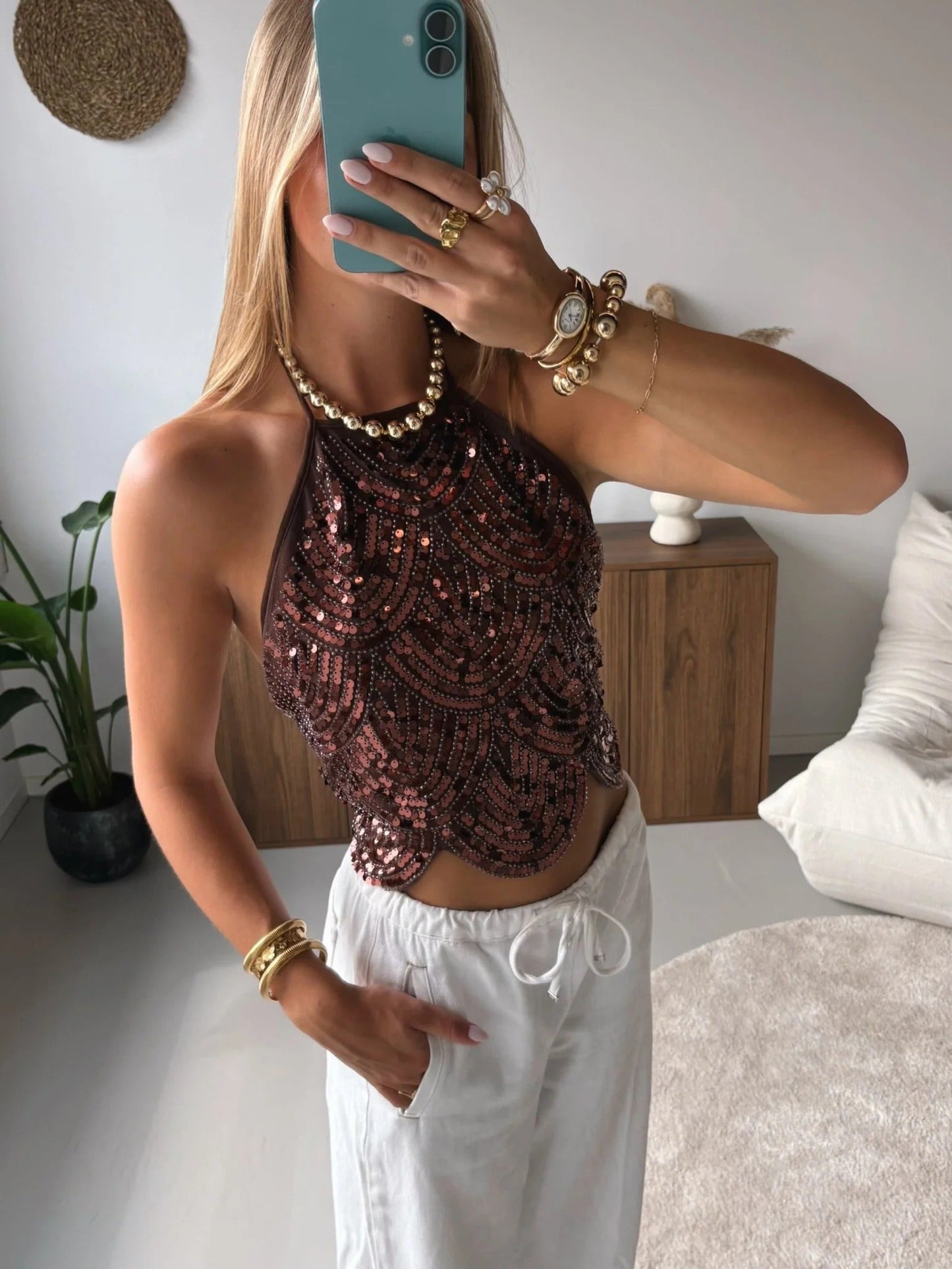 Valerie top halter con paillettes